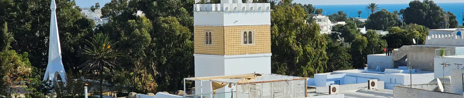 Toits blancs de la médina de Hammamet, le minaret de la mosquée et la mer derrière