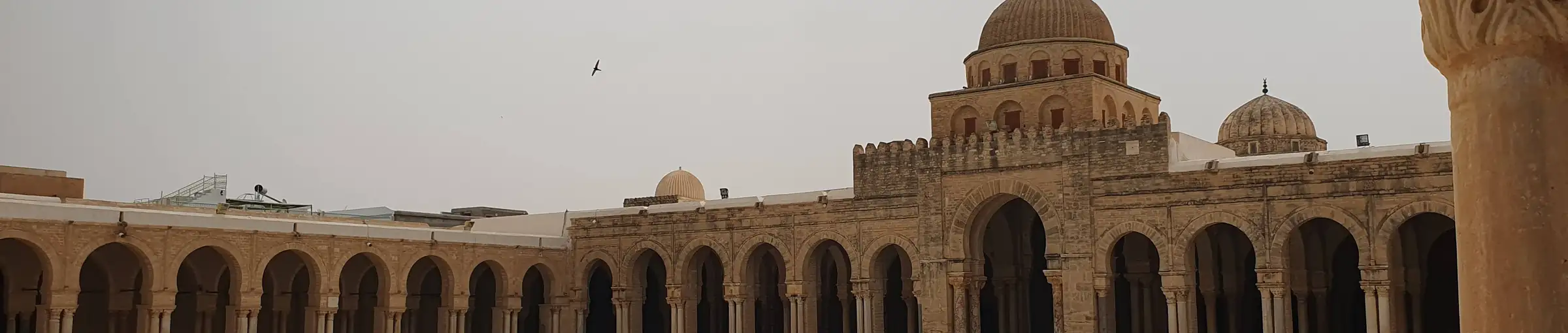 The arcaded courtyard of the Great Mosque of Kairouan, its domes and its paving
