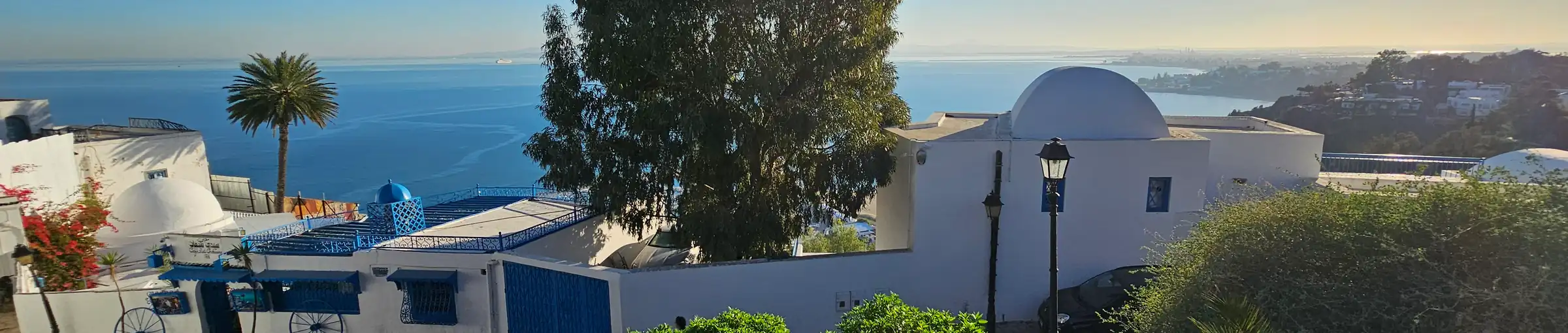 Maison blanche à coupole et volets bleus de Sidi Bou Saïd, au-dessus de la mer
